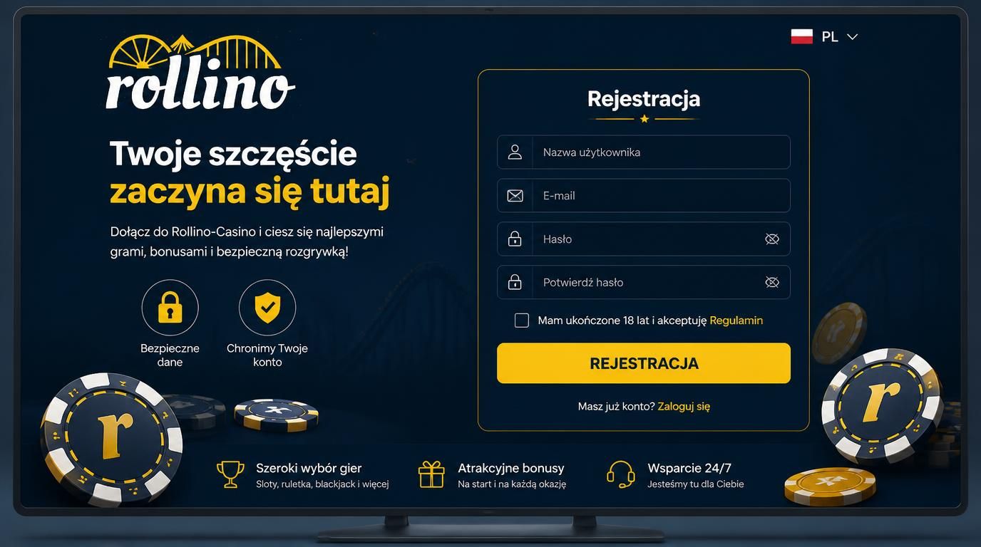 formularz rejestracji Rollino Casino na ekranie z ikonami bezpieczeństwa i flagą Polski
