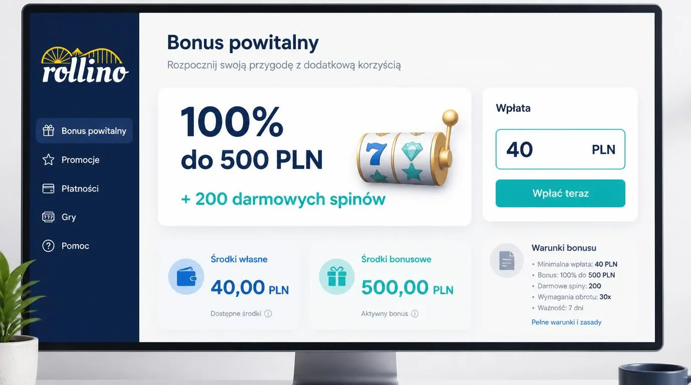 Panel bonusu powitalnego z premią 100% do 500 PLN, 200 darmowymi spinami i depozytem 40 PLN