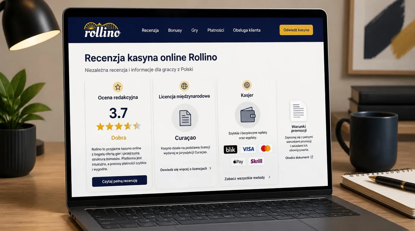 Panel kasyna z oceną redakcyjną, informacją o licencji Curaçao i sekcją kasy