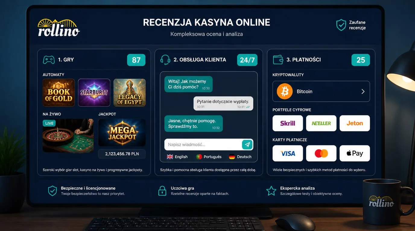 Trzy panele kasyna przedstawiające ofertę 87 dostawców gier, czat dostępny 24/7 i 25 metod płatności
